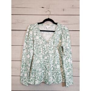 Charter Club Women's Green White Floral V-Neck Button‎ Front Blouse Size Medium